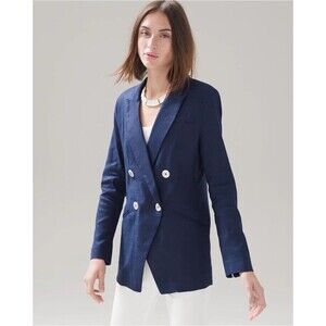WHBM Solid Navy Studio Double Breasted Linen Blazer Jacket Size 4 Nautical